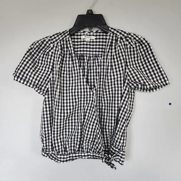Madewell | Black and White Gingham Short Sleeve Wrap Top with Tie Waist, Size S - Picture 3 of 11